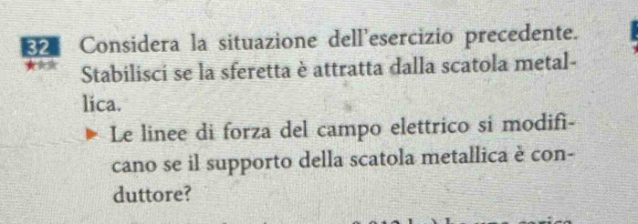 Considera la situazione dell'esercizio precedente. 
Stabilisci se la sferetta è attratta dalla scatola metal- 
lica. 
Le linee di forza del campo elettrico si modifi- 
cano se il supporto della scatola metallica è con- 
duttore?