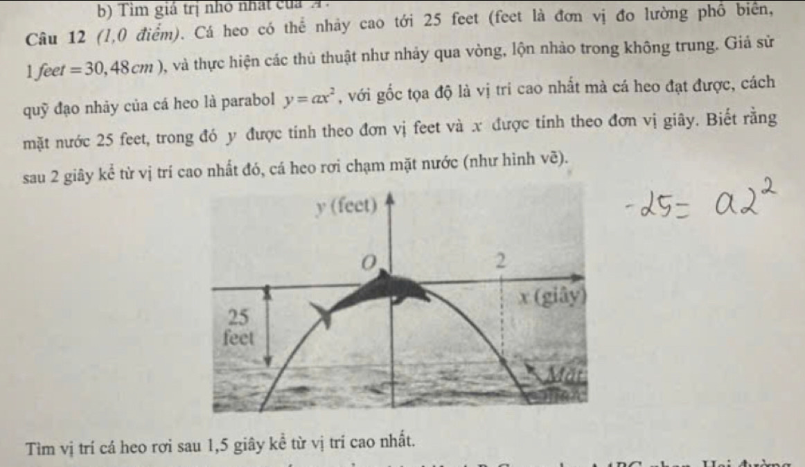 Tim giá trị nhỏ nhất của A. 
Câu 12 (l,0 điểm). Cá heo có thể nhảy cao tới 25 feet (feet là đơn vị đo lường phố biên,
1 feet =30,48cm) , và thực hiện các thủ thuật như nhảy qua vòng, lộn nhào trong không trung. Giả sử 
quỹ đạo nhảy của cá heo là parabol y=ax^2 , với gốc tọa độ là vị tri cao nhất mà cá heo đạt được, cách 
mặt nước 25 feet, trong đó y được tính theo đơn vị feet và x được tính theo đơn vị giây. Biết rằng 
sau 2 giây kể từ vị trí cao nhất đó, cá heo rơi chạm mặt nước (như hình vẽ). 
Tìm vị trí cá heo rơi sau 1, 5 giây kể từ vị trí cao nhất.