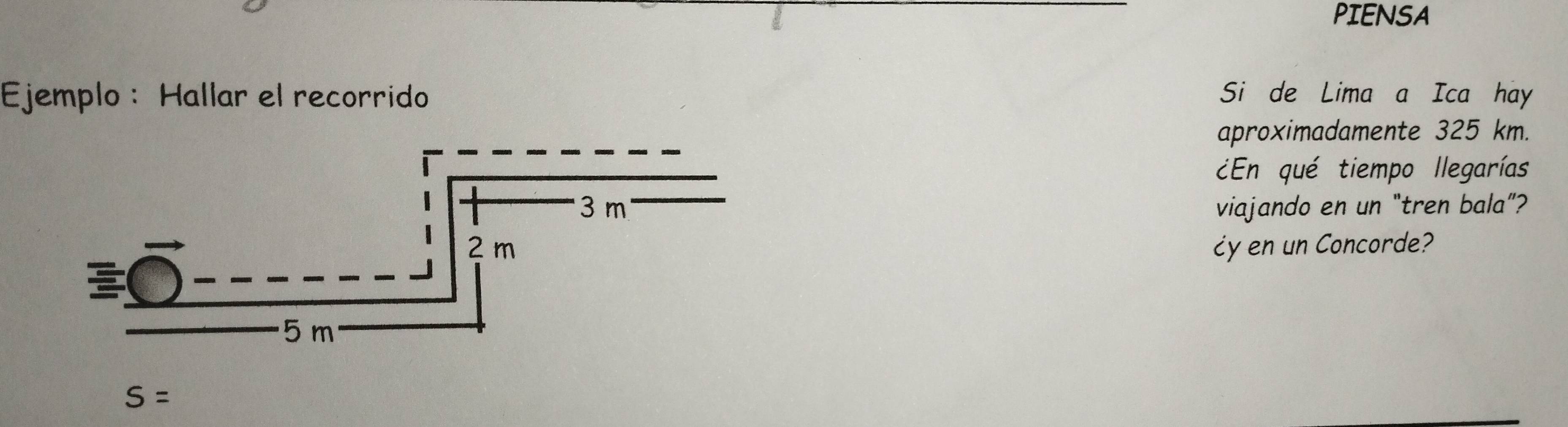 PIENSA 
Ejemplo : Hallar el recorrido Si de Lima a Ica hay 
aproximadamente 325 km. 
En qué tiempo llegarías 
viajando en un "tren bala”? 
¿y en un Concorde?
S=