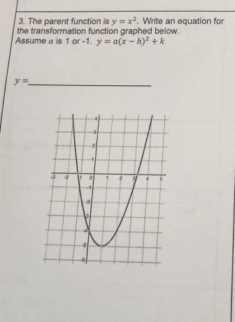 The parent function is y=x^2. Write an equation for 
the transformation function graphed below. 
Assume a is 1 or -1. y=a(x-h)^2+k
_ y=