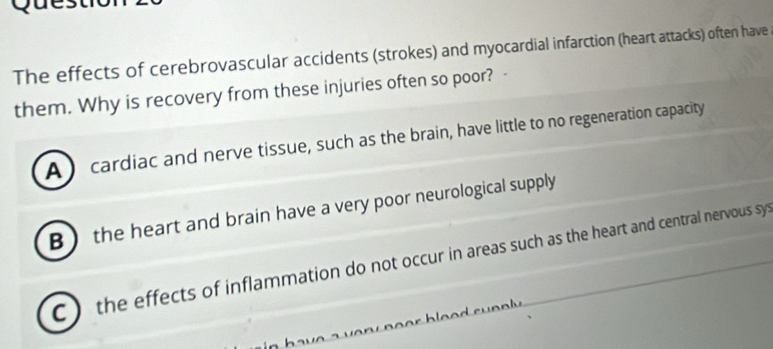 The effects of cerebrovascular accidents (strokes) and myocardial infarction (heart attacks) often have
them. Why is recovery from these injuries often so poor? -
A ) cardiac and nerve tissue, such as the brain, have little to no regeneration capacity
B  the heart and brain have a very poor neurological supply
C ) the effects of inflammation do not occur in areas such as the heart and central nervous sys