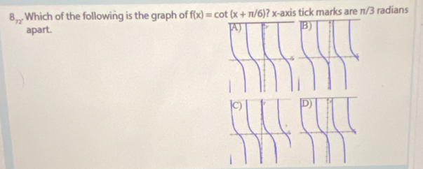 8_72° Which of the following is the graph of f(x)=cot (x+π /6) ? x-axis tick marks are π/3 radians 
apart.