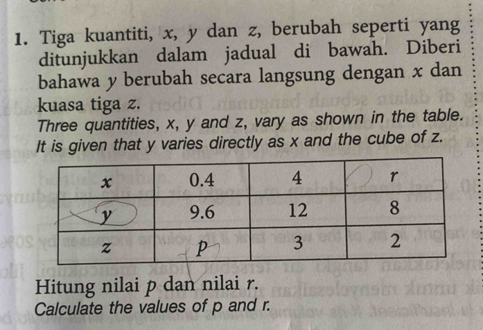 Tiga kuantiti, x, y dan z, berubah seperti yang 
ditunjukkan dalam jadual di bawah. Diberi 
bahawa y berubah secara langsung dengan x dan 
kuasa tiga z. 
Three quantities, x, y and z, vary as shown in the table. 
It is given that y varies directly as x and the cube of z. 
Hitung nilai p dan nilai r. 
Calculate the values of p and r.