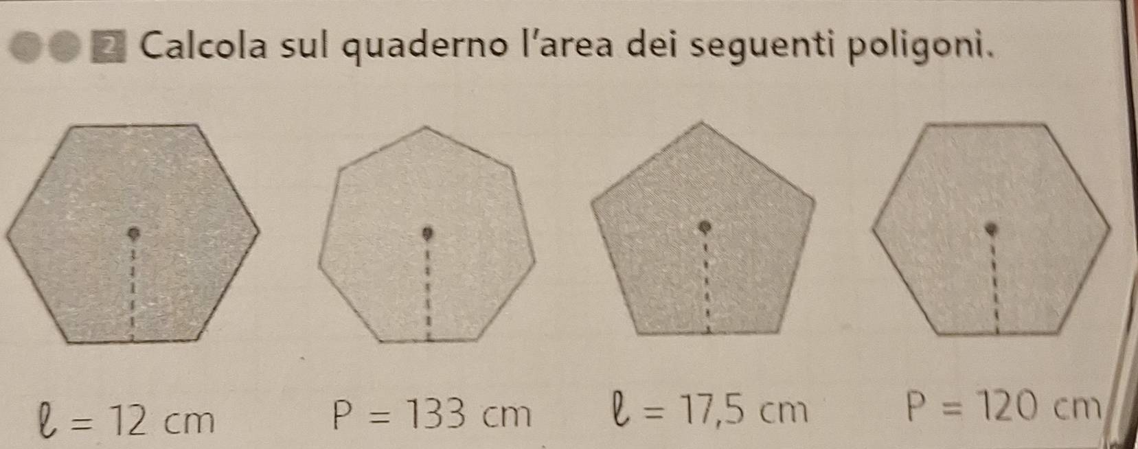 Calcola sul quaderno l’area dei seguenti poligoni.
ell =12cm
P=133cm
ell =17,5cm
P=120cm