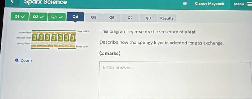 Sparx Science Clancy Maycock Menu 
Q1 Q2 Q3 Q4 Q5 Q6 Q7 Q8 Results 
upper layer waxy cuticle This diagram represents the structure of a leaf. 
palisade layer 
spongy layer Describe how the spongy layer is adapted for gas exchange. 
lower layer 
(2 marks) 
Zoom 
Enter answer...