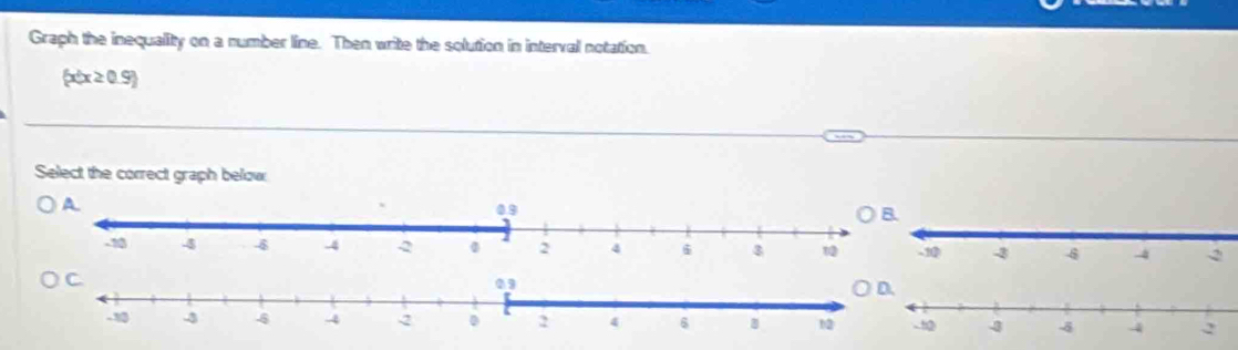 Graph the inequality on a number line. Then write the solution in interval notation.
 x|x≥ 0.9
Select the correct graph below