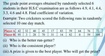 The grade point averages obtained by randomly selected 6
students in their H.S.C examination are as follows 4.9, 4.1, 4.4,
3.3, 4.6 and 4.8. Find coefficient of variation. 
Example: Two cricketers scored the following runs in randomly 
selected 10 one day match. 
(i) Who is the better run-getter? 
(ii) Who is the consistent player? 
(iii) A prize is given to the best player. Who will get the prize?