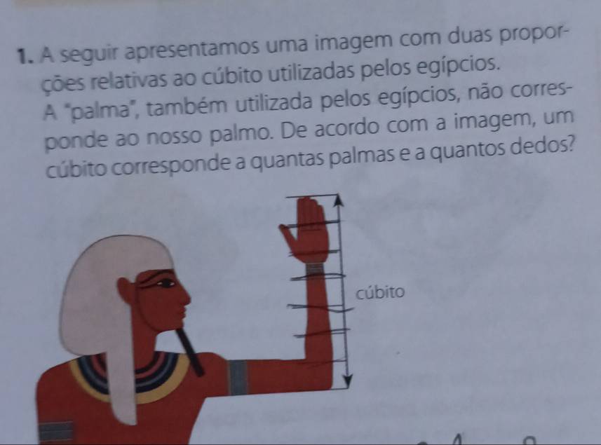 A seguir apresentamos uma imagem com duas propor- 
ções relativas ao cúbito utilizadas pelos egípcios. 
A "palma", também utilizada pelos egípcios, não corres- 
ponde ao nosso palmo. De acordo com a imagem, um 
cúbito corresponde a quantas palmas e a quantos dedos?