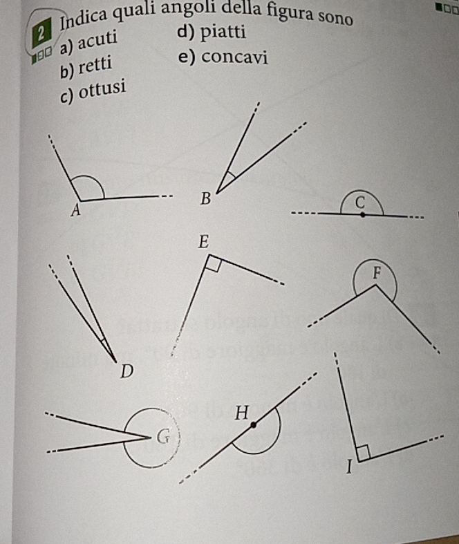 d) piatti
నª a) acuti 2 Indica quali angoli della figura sono
b) retti e) concavi
c) ottusi
C
H
G