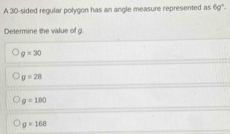 Solved: A 30 -sided regular polygon has an angle measure represented as ...