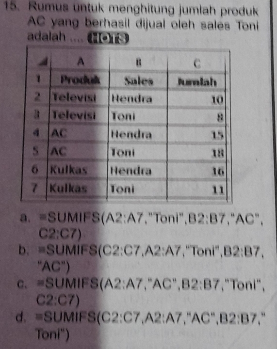 Rumus untuk menghitung jumlah produk
AC yang berhasil dijual oleh sales Toni
adalah ....
a. =SUMIFS(A2: A7,"Toni",B2: B7,"AC",
C2:C7)
b. =SUMIFS(C2:C7,A2 △ 1 ,"Toni",B2: B7,
"AC")
c、 =SUMIFS(A2: A7,"AC",B2: B7, ,"Toni",
C2: C7)
d. =SUMIFS(C2: C7,A2: A7,"AC",B2: B7,"
Toni")