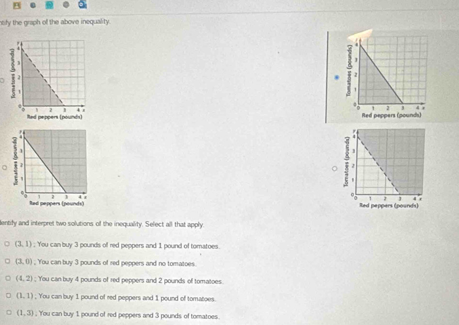 tify the graph of the above inequality.

。 
a


entify and interpret two solutions of the inequality. Select all that apply.
(3,1) You can buy 3 pounds of red peppers and 1 pound of tomatoes.
(3,0); You can buy 3 pounds of red peppers and no tomatoes.
(4,2); You can buy 4 pounds of red peppers and 2 pounds of tomatoes.
(1,1); You can buy 1 pound of red peppers and 1 pound of tomatoes.
(1,3); You can buy 1 pound of red peppers and 3 pounds of tomatoes.