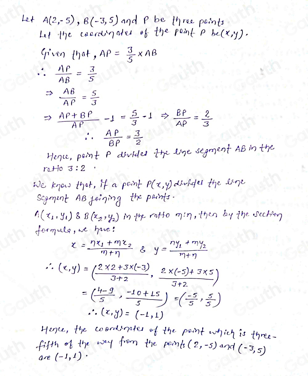 Solved: Determine the coordinates of the point which is 3/5 of the way ...