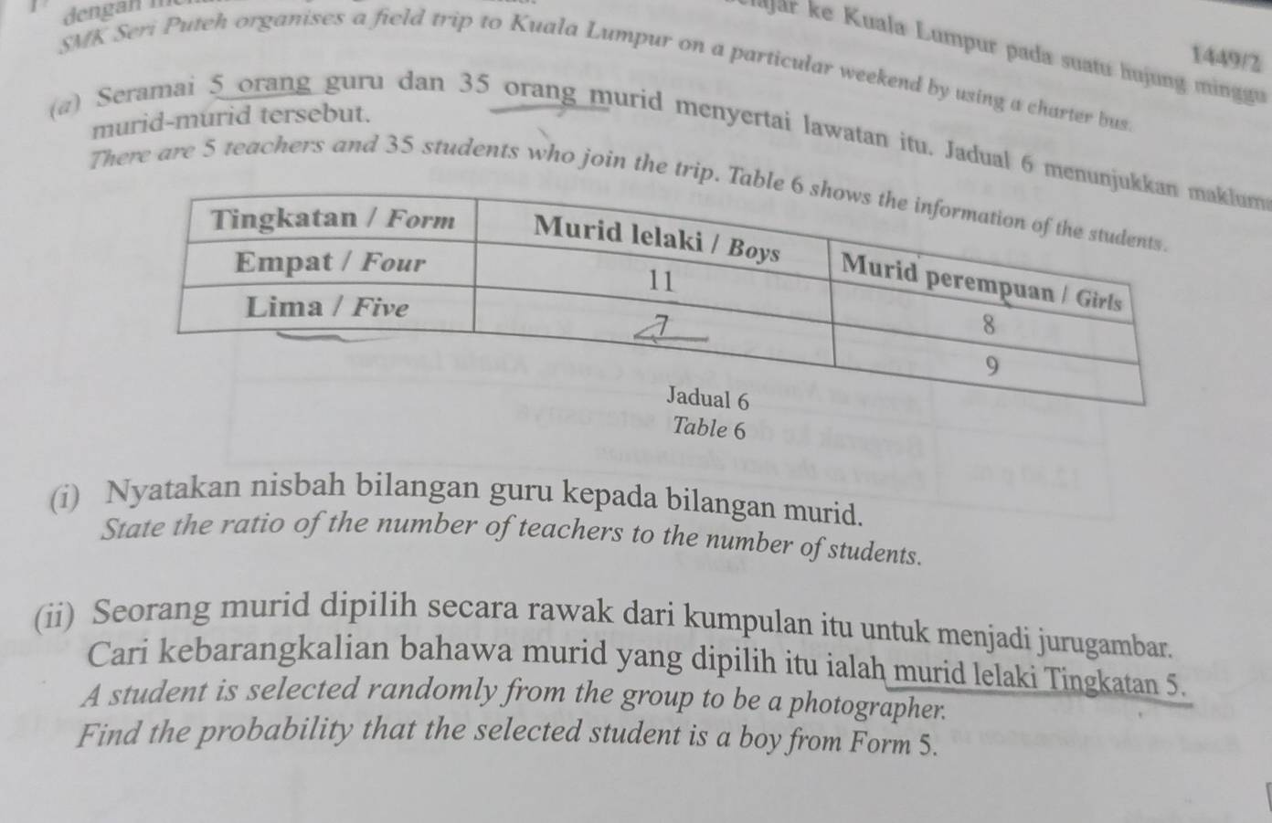 jar ke Kuala Lumpur pada suatu hujung mingu 
1449/ 
SMK Seri Puteh organises a field trip to Kuala Lumpur on a particular weekend by using a charter bus. 
murid-murid tersebut. 
(a) Seramai 5 orang guru dan 35 orang murid menyertai lawatan itu. Jadual 6 menlum 
There are 5 teachers and 35 students who join the trip. 
Table 6
(i) Nyatakan nisbah bilangan guru kepada bilangan murid. 
State the ratio of the number of teachers to the number of students. 
(ii) Seorang murid dipilih secara rawak dari kumpulan itu untuk menjadi jurugambar. 
Cari kebarangkalian bahawa murid yang dipilih itu ialah murid lelaki Tingkatan 5. 
A student is selected randomly from the group to be a photographer. 
Find the probability that the selected student is a boy from Form 5.