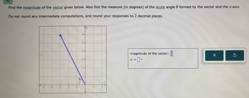 Find the magnitude of the vector given below. Also find the measure (in degrees) of the acute angle θ formed by the vector and the x-axis. 
Do not round any intermediate computations, and round your responses to 2 decimal places. 
magnitude of the vector: 
× 5
θ =□