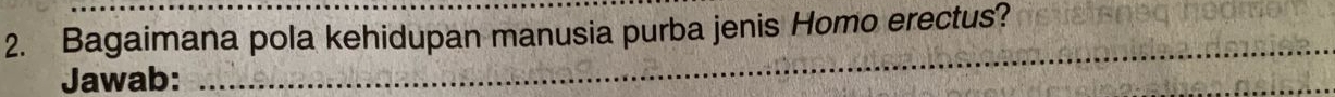 Bagaimana pola kehidupan manusia purba jenis Homo erectus? 
Jawab: 
_