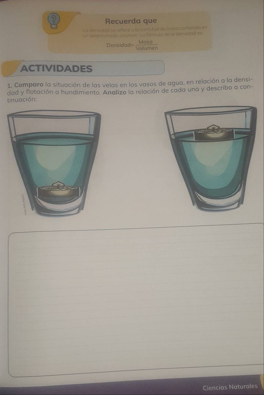 Recuerda que 
La densidad se refiere a la cantidad de masa contenido en 
un determinado volumen. La fórmula de la densidad es: 
Densida d= Maso/Volumen 
ACTIVIDADES 
1. Comparo la situación de las velas en los vasos de agua, en relación a la densi- 
dad y flotación o hundimiento. Analizo la relación de cada una y describo a con- 
tinuación: 
_ 
_ 
_ 
_ 
_ 
_ 
_ 
_ 
_ 
_ 
_ 
_ 
_ 
_ 
_ 
_ 
_ 
_ 
_ 
_ 
Ciencias Naturales