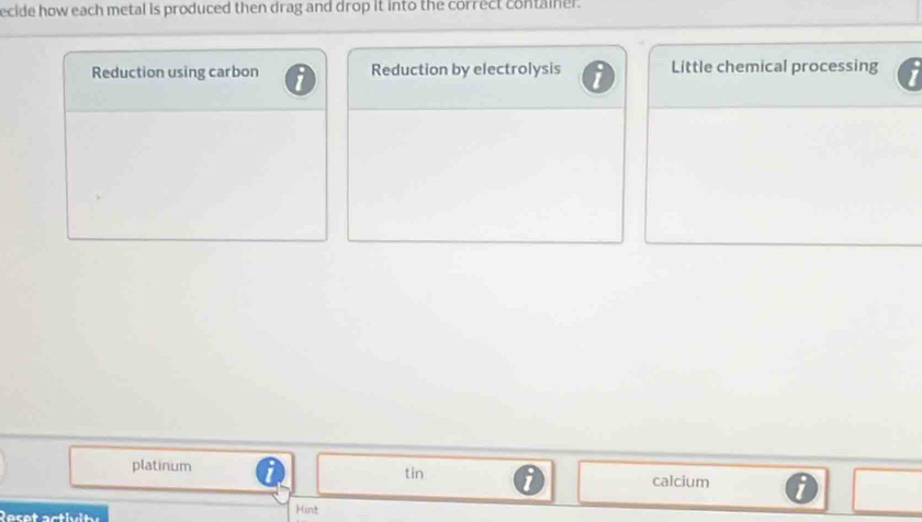 ecide how each metal is produced then drag and drop it into the correct container.
Reduction using carbon Reduction by electrolysis Little chemical processing
platinum tin i calcium i
Reset activity Hint