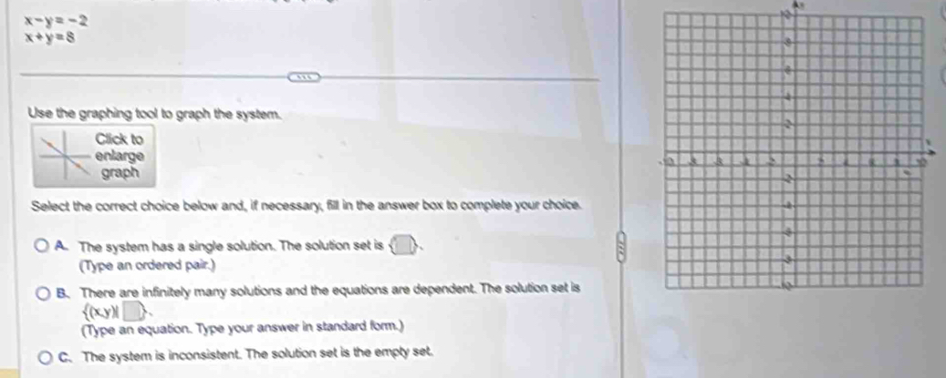 A
x-y=-2
10
x+y=8
Use the graphing tool to graph the system.
Click to
enlarge 
graph
Select the correct choice below and, if necessary, fill in the answer box to complete your choice.
A. The system has a single solution. The solution set is  □ , 
(Type an ordered pair.)
B. There are infinitely many solutions and the equations are dependent. The solution set is
 (x,y)|□ 
(Type an equation. Type your answer in standard form.)
C. The system is inconsistent. The solution set is the empty set.