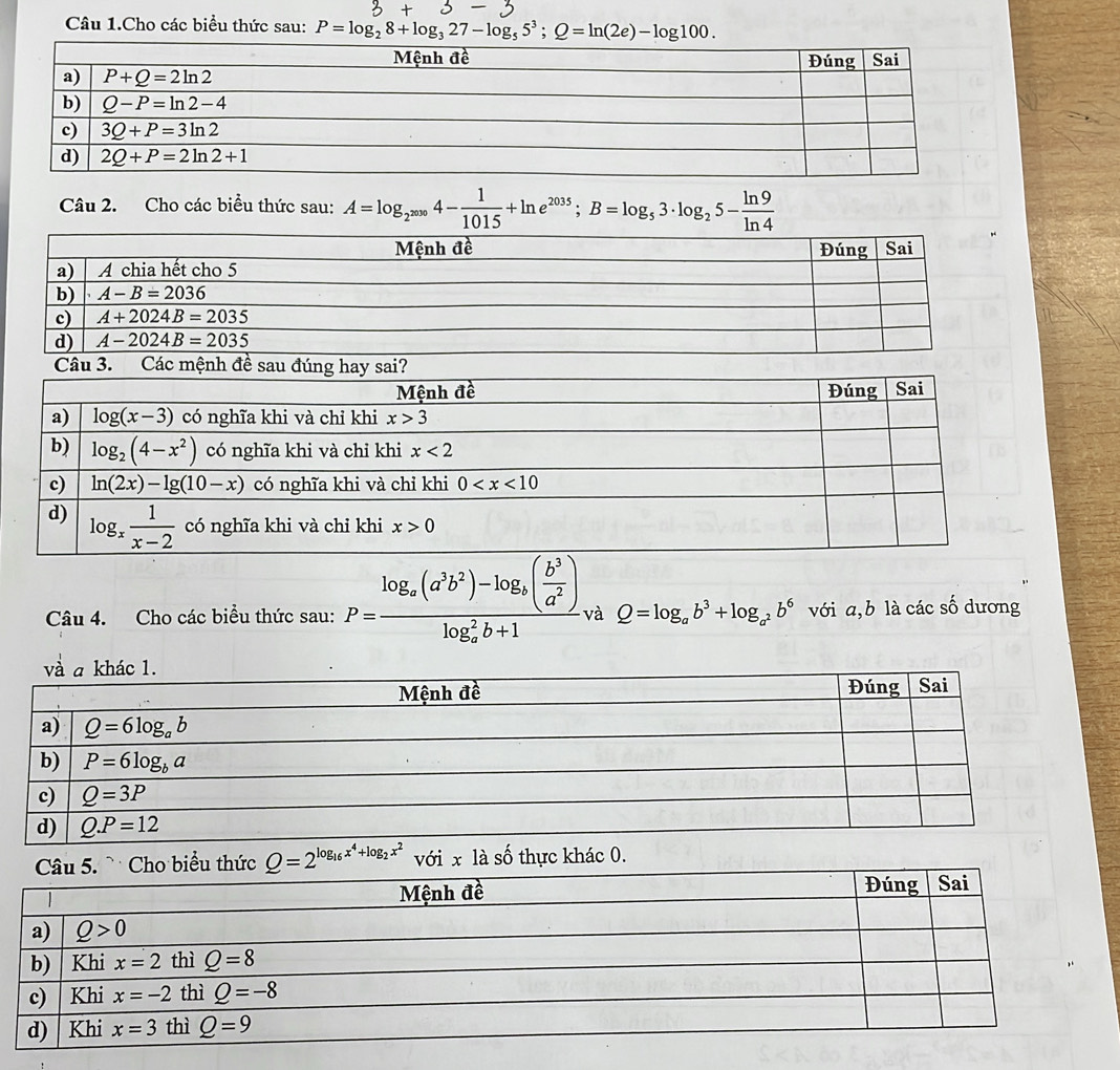 Câu 1.Cho các biểu thức sau: P=log _28+log _327-log _55^3;Q=ln (2e)-log 100.
Câu 2. Cho các biều thức sau: A=log _2^(2000)4- 1/1015 +ln e^(2035);B=log _53· log _25- ln 9/ln 4 
Câu 4. Cho các biểu thức sau: P=frac log _a(a^3b^2)-log _b( b^3/a^2 )(log _a)^2b+1 và Q=log _ab^3+log _a^2b^6 với a,b là các số dương
Q=2^(log _16)x^4+log _2x^2 với x 1a số thực khác 0.