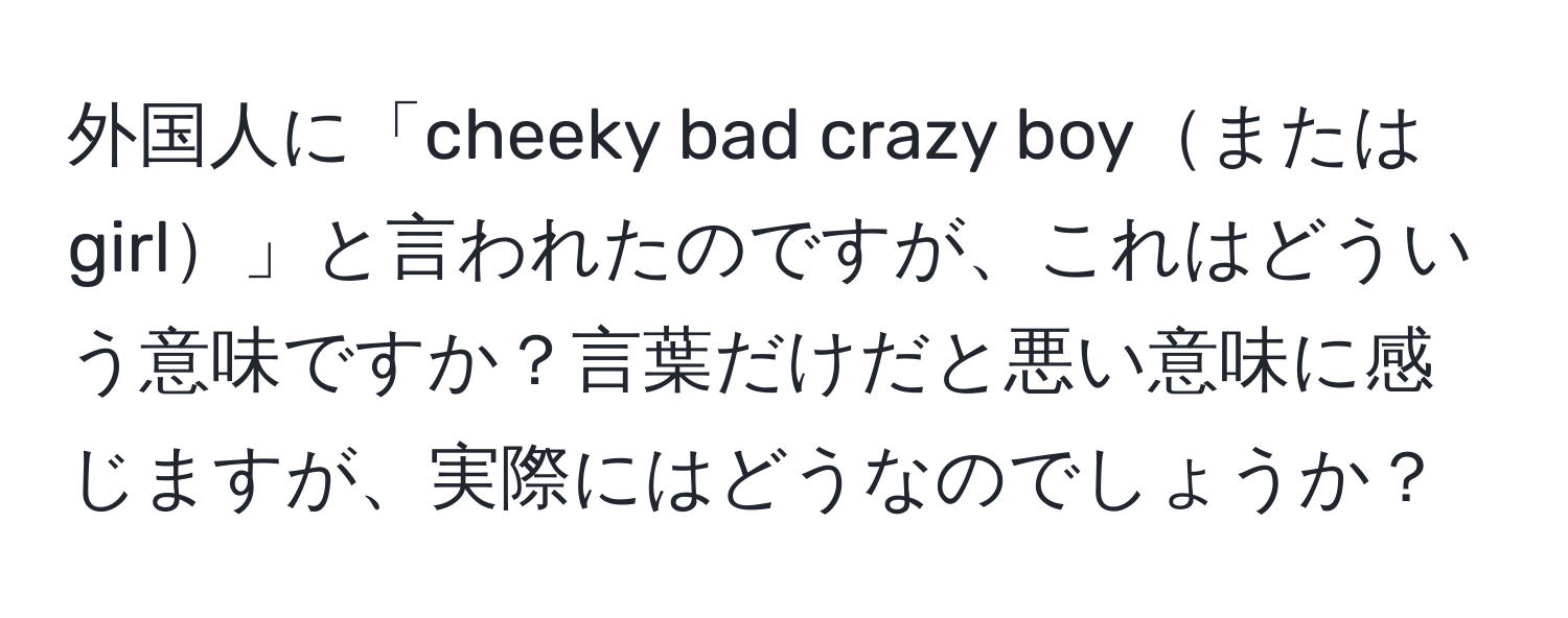 外国人に「cheeky bad crazy boyまたは girl」と言われたのですが、これはどういう意味ですか？言葉だけだと悪い意味に感じますが、実際にはどうなのでしょうか？