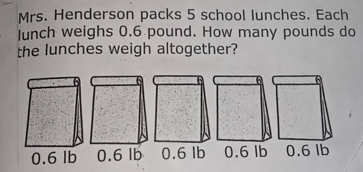 Mrs. Henderson packs 5 school lunches. Each
lunch weighs 0.6 pound. How many pounds do
the lunches weigh altogether?
0.6 lb 0.6 Ib 0.6 Ib 0.6 lb