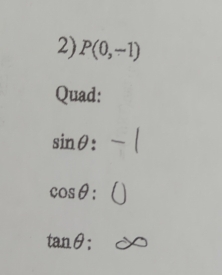 P(0,-1)
Quad:
sin θ :-|
cos θ :()
tan θ :∈fty