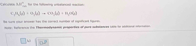 Calculate △ H_(r* n)° for the following unbalanced reaction:
C_2H_6(g)+O_2(g)to CO_2(g)+H_2O(g)
Be sure your answer has the correct number of significant figures. 
Note: Reference the Thermodynamic properties of pure substances table for additional information.
□ kJ □ ...^□ 