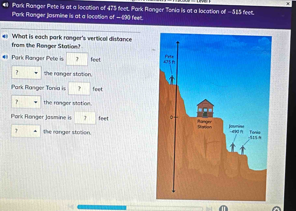 — Lever F 
× 
Park Ranger Pete is at a location of 475 feet. Park Ranger Tonia is at a location of −515 feet. 
Park Ranger Jasmine is at a location of —490 feet. 
What is each park ranger's vertical distance 
from the Ranger Station? 
◆ Park Ranger Pete is ? feet
? the ranger station. 
Park Ranger Tonia is ? feet
? the ranger station. 
Park Ranger Jasmine is ? feet
? the ranger station.