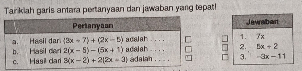 Tariklah garis antara pertanyaan dan jawaban yang tepat!
Jawaban
1. 7x
2. 5x+2
3. -3x-11