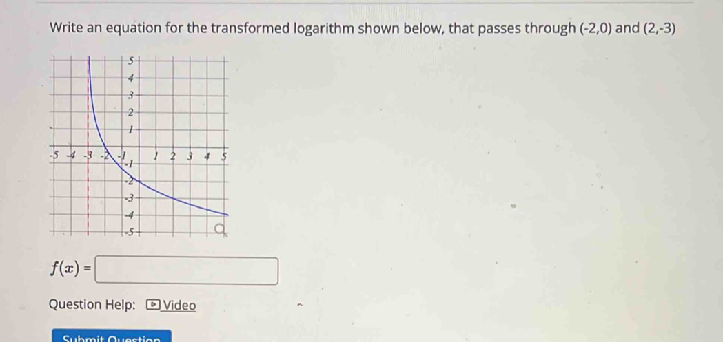 Write an equation for the transformed logarithm shown below, that passes through (-2,0) and (2,-3)
f(x)=□
Question Help: ▷ Video 
Submit Question