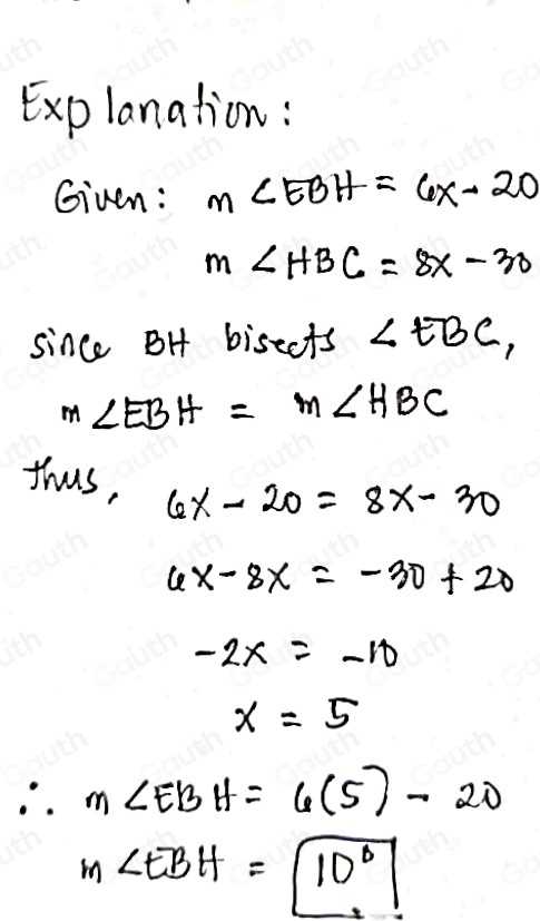 Solved: In the figure, BA and BC are opposite rays. BH bisects ∠ EBC ...