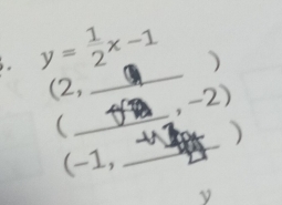 y= 1/2 x-1
) 
(2, 
_ 
_ 
(_ , -2) 
) 
(-1,
y