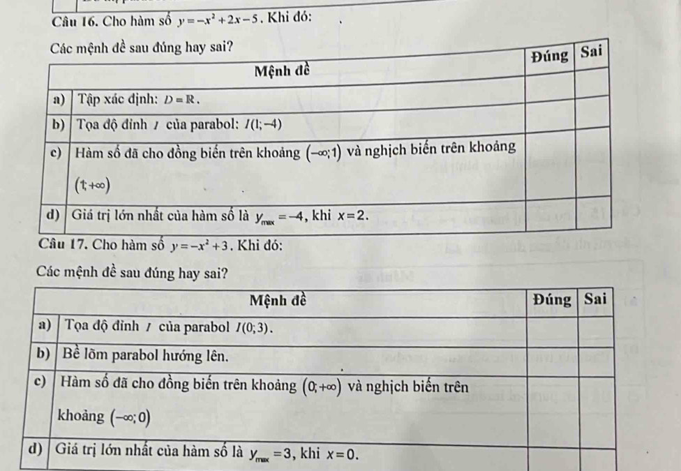 Cho hàm số y=-x^2+2x-5. Khi đó:
17. Cho hàm số y=-x^2+3. Khi đó:
Các mệnh đề sau đúng hay sai?