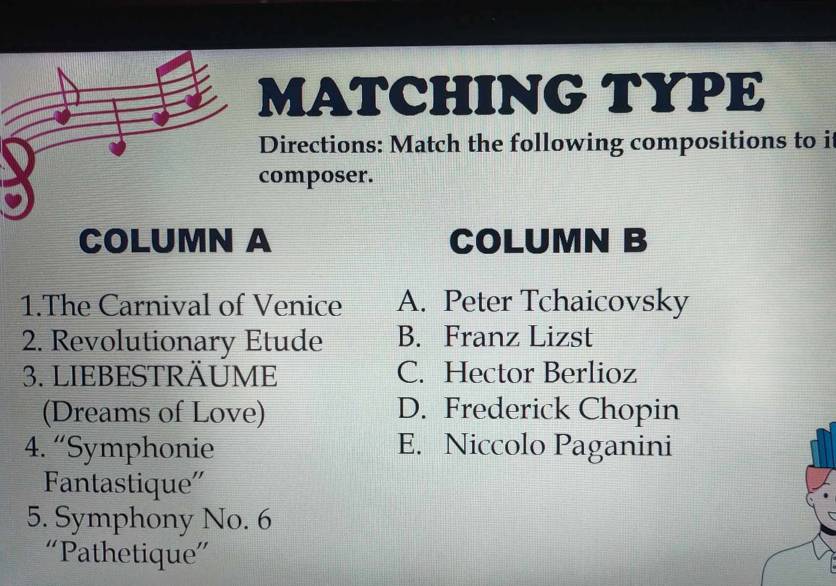 MATCHING TYPE
Directions: Match the following compositions to it
composer.
COLUMN A COLUMN B
1.The Carnival of Venice A. Peter Tchaicovsky
2. Revolutionary Etude B. Franz Lizst
3. LIEBESTRÄUME C. Hector Berlioz
(Dreams of Love) D. Frederick Chopin
4. “Symphonie E. Niccolo Paganini
Fantastique''
5. Symphony No. 6
“Pathetique”