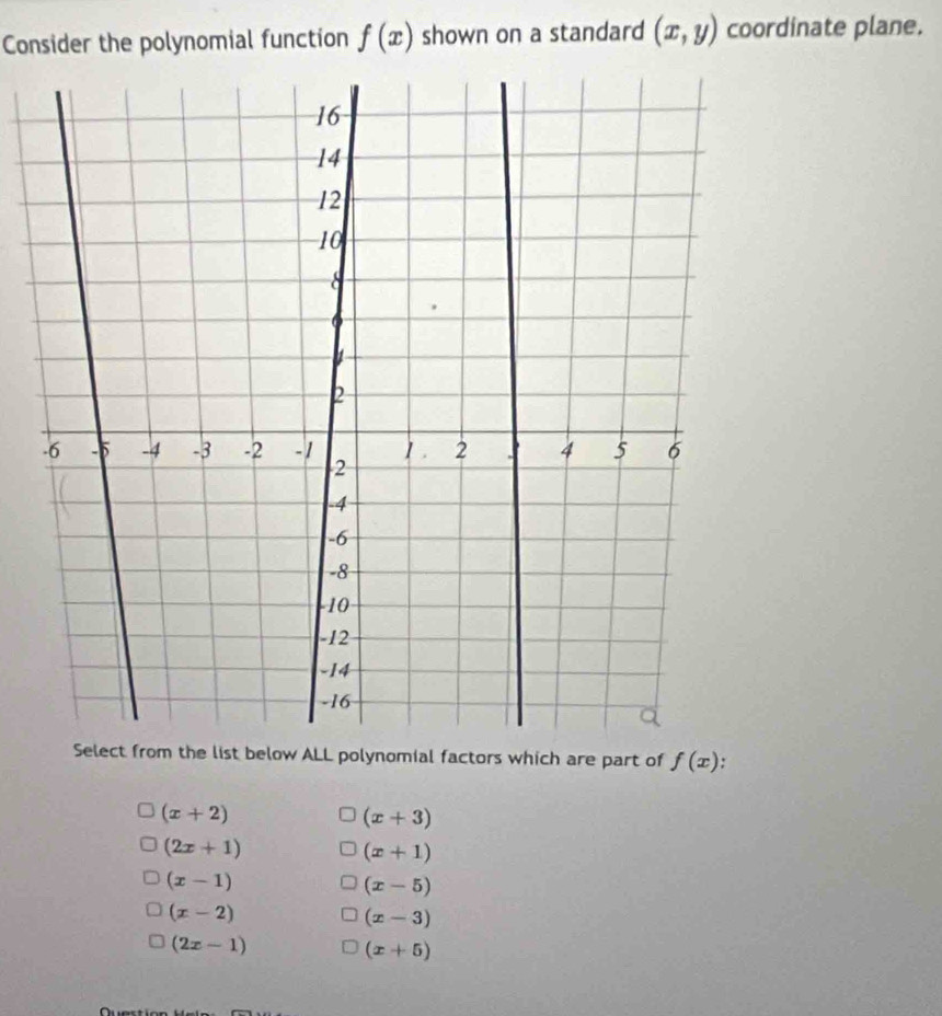 Consider the polynomial function f(x) shown on a standard (x,y) coordinate plane.
list below ALL polynomial factors which are part of f(x)
(x+2)
(x+3)
(2x+1)
(x+1)
(x-1)
(x-5)
(x-2)
(x-3)
(2x-1)
(x+5)