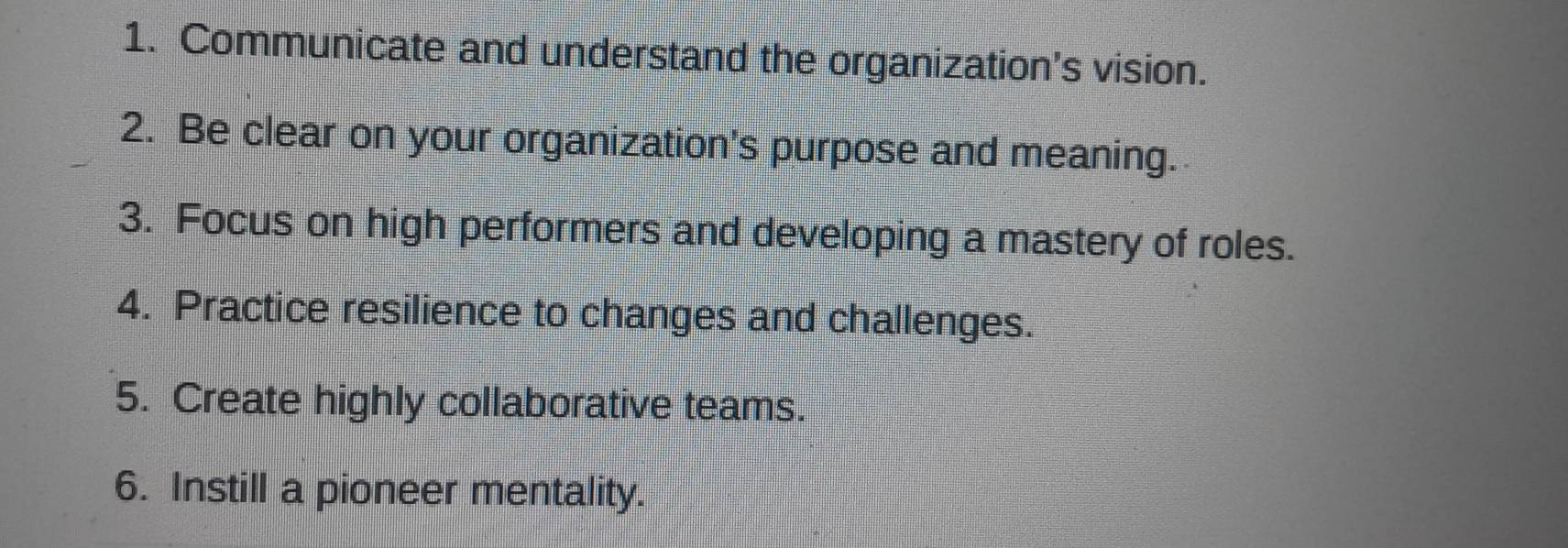 Communicate and understand the organization's vision. 
2. Be clear on your organization's purpose and meaning. 
3. Focus on high performers and developing a mastery of roles. 
4. Practice resilience to changes and challenges. 
5. Create highly collaborative teams. 
6. Instill a pioneer mentality.