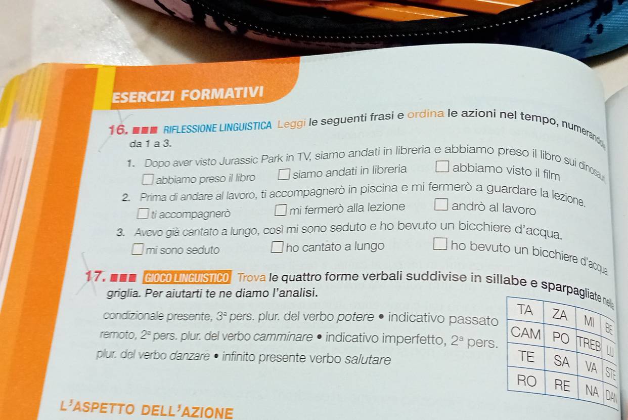 ESERCIZI FORMATIVI 
16. ■■■ RIFLESSIONE LINGUISTICA Leggi le seguenti frasi e ordina le azioni nel tempo, numerand 
da 1 a 3. 
1. Dopo aver visto Jurassic Park in TV, siamo andati in libreria e abbiamo preso il libro sui dinosa 
□ abbiamo preso il libro i siamo andati in libreria abbiamo visto il film 
2. Prima di andare al lavoro, ti accompagnerò in piscina e mi fermerò a guardare la lezione. 
□ ti accompagnerò mi fermerò alla lezione andrò al lavoro 
3. Avevo già cantato a lungo, così mi sono seduto e ho bevuto un bicchiere d'acqua. 
mi sono seduto ho cantato a lungo 
ho bevuto un bicchiere d'acque 
17. ■■■ GlOCO LNGUISTICO Trova le quattro forme verbali suddivise in sillabe e sparp 
griglia. Per aiutarti te ne diamo l’analisi. 
condizionale presente, 3^a pers. plur. del verbo potere • indicativo passato 
remoto, 2^8 pers. plur. del verbo camminare • indicativo imperfetto, 2^a pers. 
plur. del verbo danzare • infinito presente verbo salutare 
L³ASPETTO DELL³AZIONE