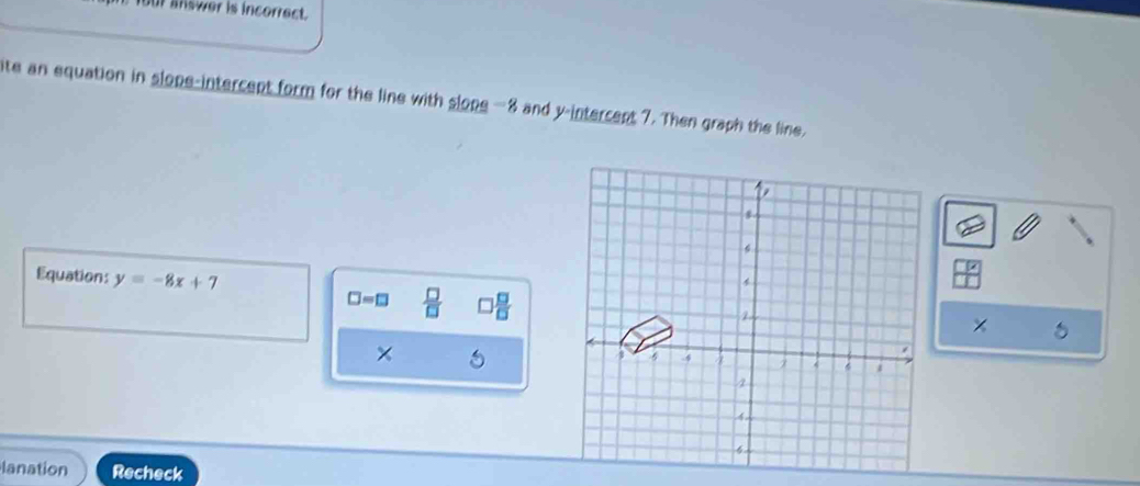 our swer is incorrect. 
ite an equation in slope-intercept form for the line with slope — 8 and y -intercent 7. Then graph the line. 
Equation: y=-8x+7
□ =□  □ /□   
lanation Recheck