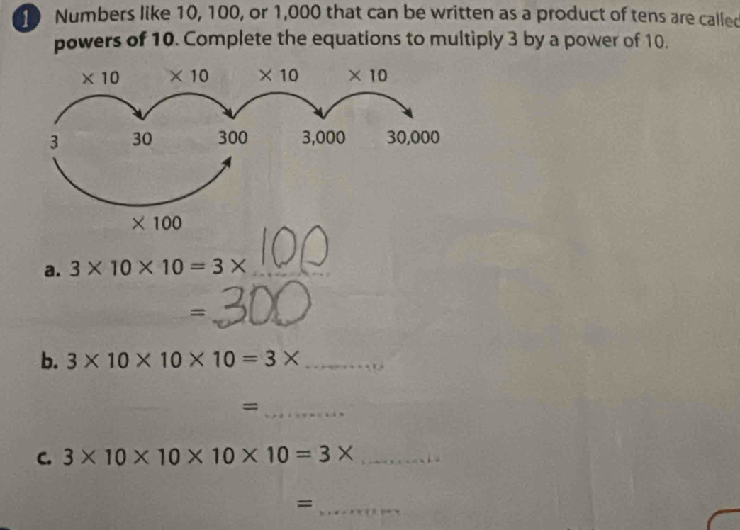 Numbers like 10, 100, or 1,000 that can be written as a product of tens are called
powers of 10. Complete the equations to multiply 3 by a power of 10.
a. 3* 10* 10=3*
=
b. 3* 10* 10* 10=3* _
_=
C. 3* 10* 10* 10* 10=3* _
_=