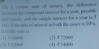 On a certain sum of money, the difference
between the compound interest for a year, payable
half-yearly, and the simple interest for a year is ₹
180. If the rate of interest in both the cases is 10%,
then the sum is
(1) ₹ 60000 (2) ₹ 72000
(3) ₹ 62000 (4) ₹ 54000