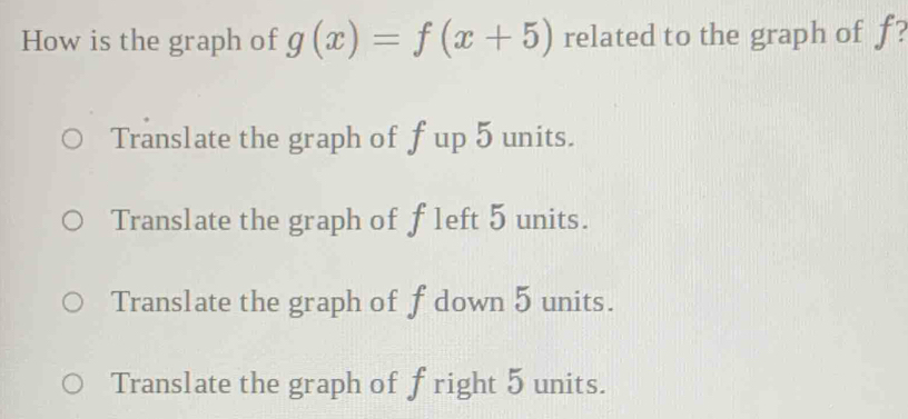 How is the graph of g(x)=f(x+5) related to the graph of f?
Translate the graph of f up 5 units.
Translate the graph of f left 5 units.
Translate the graph of f down 5 units.
Translate the graph of fright 5 units.