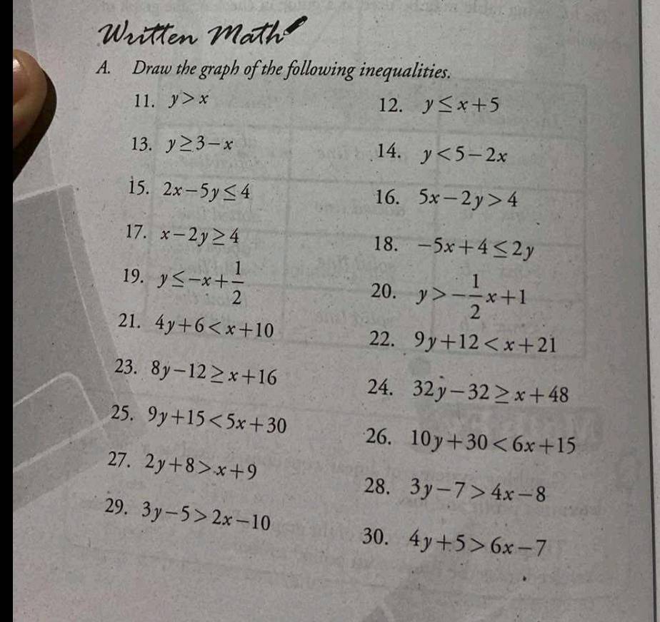 Written Math 
A. Draw the graph of the following inequalities. 
11. y>x 12. y≤ x+5
13. y≥ 3-x 14. y<5-2x</tex> 
i5. 2x-5y≤ 4
16. 5x-2y>4
17. x-2y≥ 4
18. -5x+4≤ 2y
19. y≤ -x+ 1/2 
20. y>- 1/2 x+1
21. 4y+6
22. 9y+12
23. 8y-12≥ x+16
24. 32y-32≥ x+48
25. 9y+15<5x+30 26. 10y+30<6x+15
27. 2y+8>x+9
28. 3y-7>4x-8
29. 3y-5>2x-10
30. 4y+5>6x-7