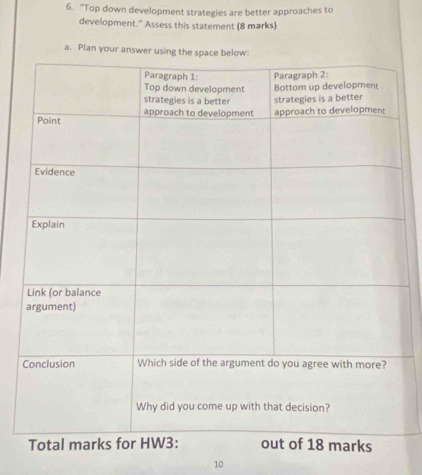 “Top down development strategies are better approaches to 
development.” Assess this statement (8 marks) 
a. Plan your answer us 
10