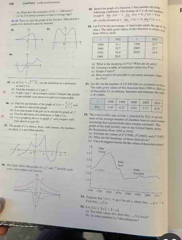 168 CHAPTER 2  Lmits and Derivatives
(2) What does the statemem f(10)-1200 mean? 49. Sketch the graph of a function f that satisfies all of the r
(c) Is f'(r) always postive or does it change sign? except 0, lim following conditions. The domain of f is all real number
f(x)-1, , lim f(x)=0,f'(x)>0 for
42-44 Trace or copy the graph of the function. Then sketch a
graph of its derivative directly beneath. all x in the domain of f.limlimits f'(x)=0.limlimits _xto ∈fty f'(x)=1
P(t) he the percentage of Americans under the age of 13 .
443.50. Let time : The table gives values of this function in census yea
from 1950 to 2010.
44 
(a) What is the meaning of P'(r)? What are its units?
(b) Construct a table of estimated values for P'(r)
(c) Graph P and P
(d) How would it be possible to get more accurate values
for P^((r)?
45. (z) lf f(x)=sqrt 3-5x) , use the definition of a derivative 51. Let B(r) be the number of US 520 bills in cirvulation at time 
to lind f(x). The table gives values of this function from 1990 to 2010, a
(b) Find the domains of f and f". of December 31, in billions. Interpret and estimate the vake
(c) Graph f and f on a common screen. Compare the graphs of B'(200 00).
to see whether your answer to purt (a) is reasonable
46. (a) Find the asymptotes of the graph of f(x)= (4-x)/3+x  and
use them to sketch the graph.
(b) Lse your graph from part (a) to sketch the graph of ! 
(c) Use the definition of a derivative to find f(x) 52. The total fertility rate at time t, denoted by F(r), is an esti-
mate of the average number of children born to each womas
(d) U'se a graphing device to graph f' and compare with (assuming that current birth rates remain constant). The
your sketch in part (b).
47. The graph of f is shown. State, with reasons, the numbers graph of the total fertility rate in the United States shows
the fluctuations from 1940 to 2010.
at which f is not differentiable (a) Estimate the values of F(1950),F'(1965) , and F'(1987).
(b) What are the meanings of these derivatives?
(c) Can you suggest reasons for the values o
48. The figure shows the graphs of EC ` and f '' identify each 
curve, and explain your choices
|f(x)|≤slant g(x) m
Find lim ... f(x) for all x, where li...g(x)=0
54. Lot f(x)=[x]+[-x].
(a) For what values of a does lim. ... f(x) exist?
(b) At what numbers is f discontinuous?