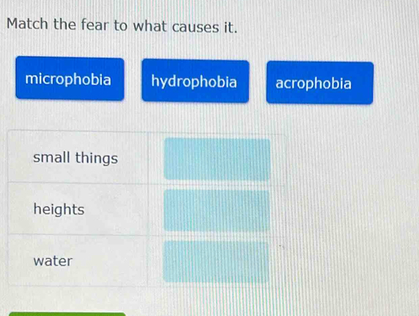 Solved: Match the fear to what causes it. microphobia hydrophobia ...