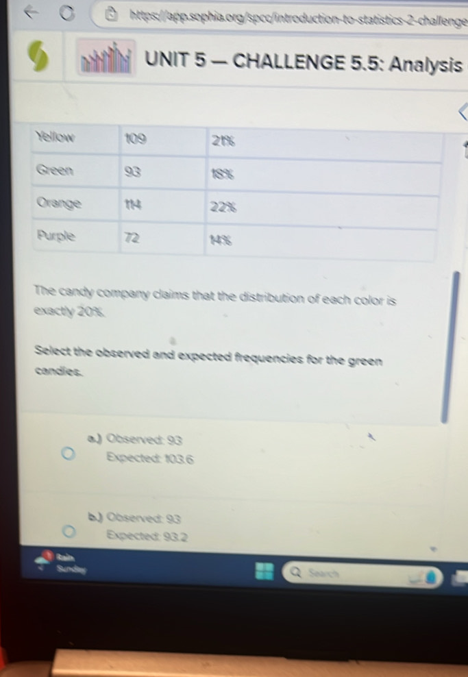 — CHALLENGE 5.5: Analysis
The candy company claims that the distribution of each color is
exactly 20%.
Select the observed and expected frequencies for the green
candies.
ø.) Observed: 93
Expected: 103.6
b.) Observed: 93
Expected: 93.2
Rain
Sunday Sa o