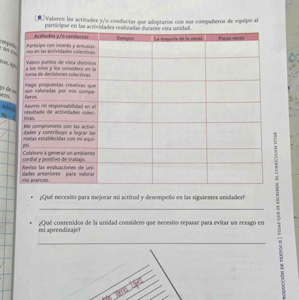 []Valoren las actitudes y/o conductas que adoptaron con sus compañeros de equipo al 
participar en las 
emp 
no 
to 
¿o d 
ero 
Aú 
Yo 
¿Qué necesito para mejorar mi actitud y desempeño en las siguientes unidades? 
_ 
¿Qué contenidos de la unidad considero que necesito repasar para evitar un rezago en 
mi aprendizaje? 
_ 
_ 
_ 
_ 
_