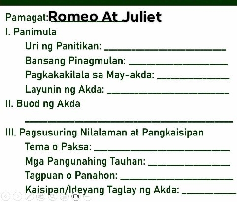 At Juliet 
1. Panimula 
Uri ng Panitikan:_ 
Bansang Pinagmulan:_ 
Pagkakakilala sa May-akda:_ 
Layunin ng Akda:_ 
II. Buod ng Akda 
_ 
_ 
III. Pagsusuring Nilalaman at Pangkaisipan 
Tema o Paksa:_ 
Mga Pangunahing Tauhan:_ 
Tagpuan o Panahon:_ 
Kaisipan/Ideyang Taglay ng Akda:_