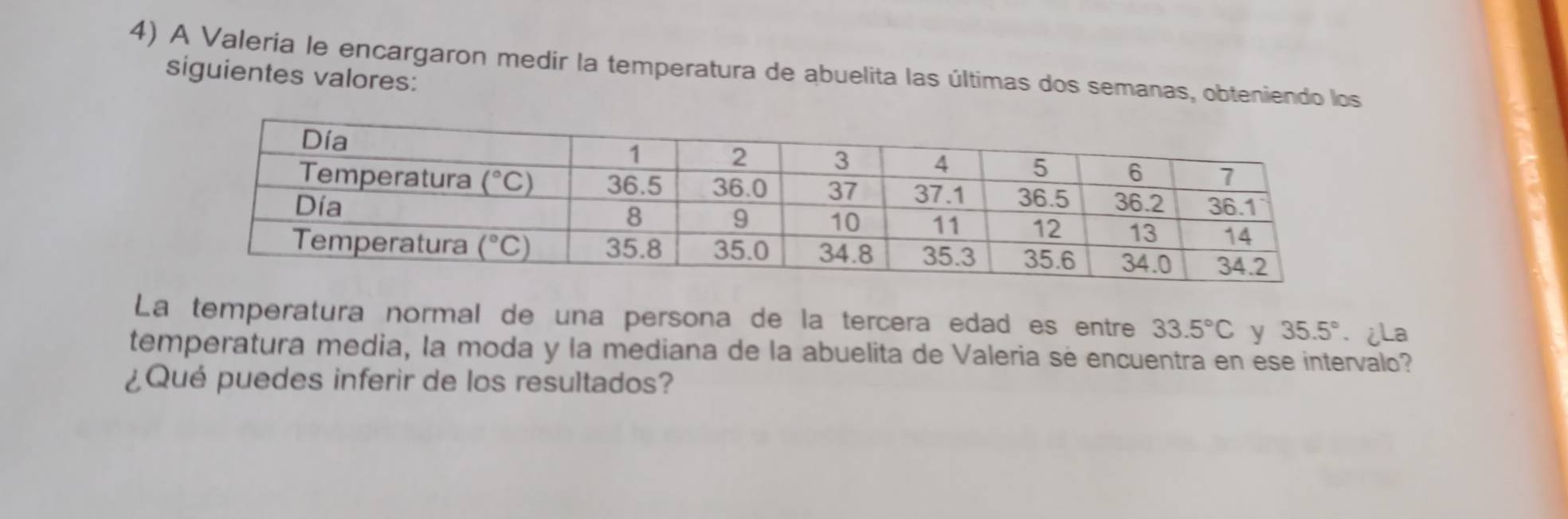 A Valeria le encargaron medir la temperatura de abuelita las últimas dos semanas, obteniendo los
siguientes valores:
La temperatura normal de una persona de la tercera edad es entre 33.5°C y 35.5° 、 ¿La
temperatura media, la moda y la mediana de la abuelita de Valeria sé encuentra en ese intervalo?
¿Qué puedes inferir de los resultados?